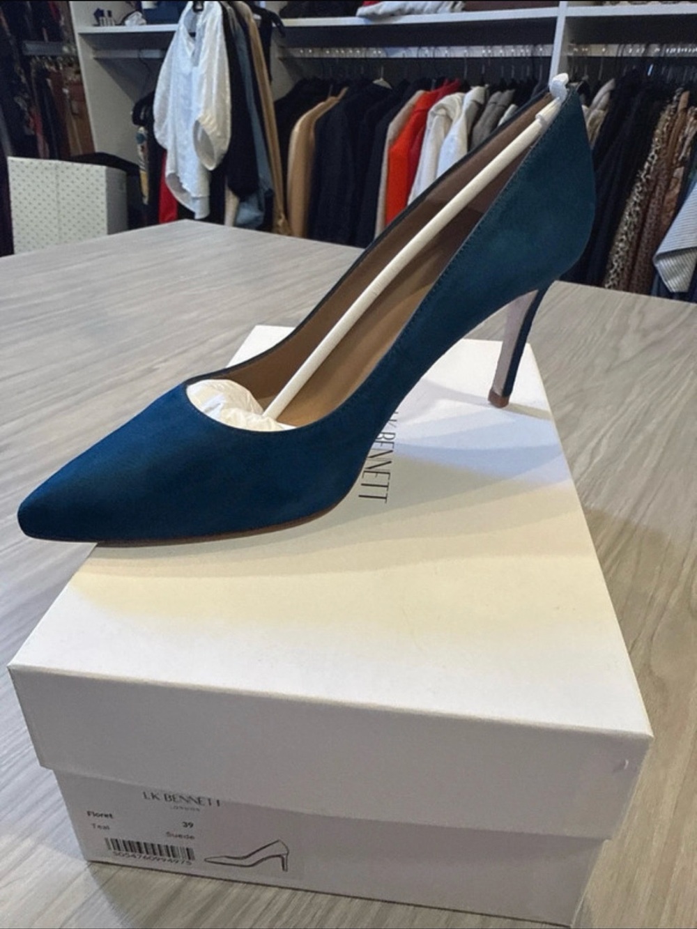 New in Box, LK Bennett Teal Suede Floret Stiletto Pump, Sz 39 (US 8.5)